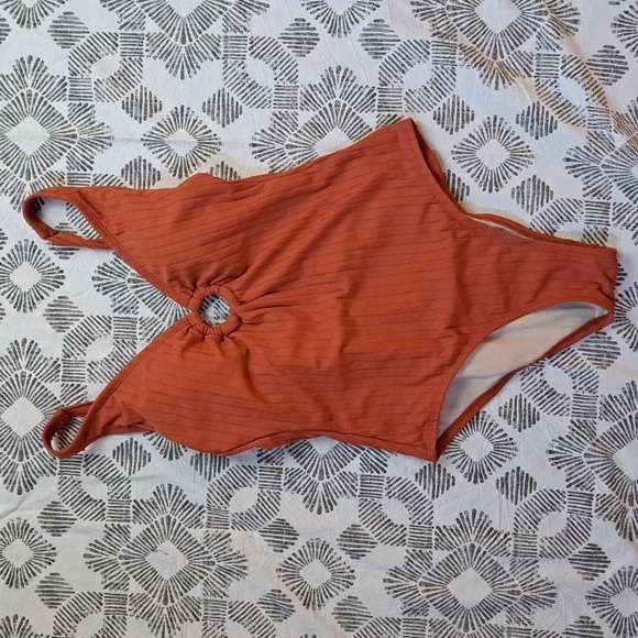 Kona Sol wide rib ring front strappy open back one piece in desert orange szS - Picture 2 of 13